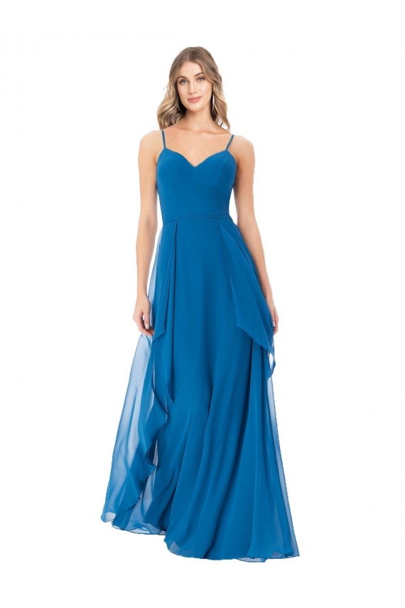 Achat Bleu paon Trapèze Bretelles spaghetti Mousseline Longue Robes demoiselle d'honneur