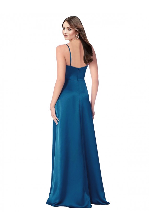 Achat Bleu paon Trapèze Bretelles spaghetti Satiné Soyeux Longue Formelles Robes demoiselle d'honneur / Robes de soirée / Robes de bal