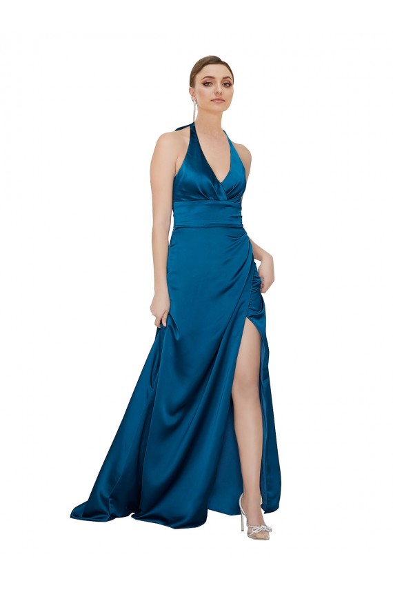 Achat Bleu paon Trapèze Licou Satiné Soyeux Longue Formelles Robes demoiselle d'honneur / Robes de soirée / Robes de bal
