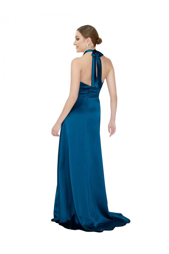 Achat Bleu paon Trapèze Licou Satiné Soyeux Longue Formelles Robes demoiselle d'honneur / Robes de soirée / Robes de bal