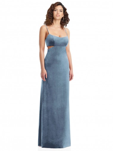 Achat Bleu poussiéreux Fourreau Col Carré Velours Stretch Longue Formelles Robes demoiselle d'honneur / Robes de soirée / Robes de bal
