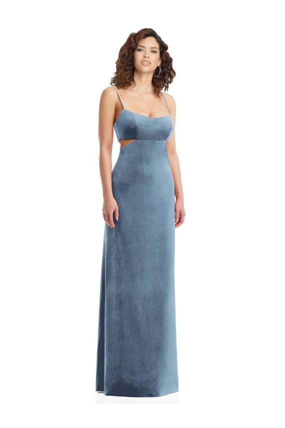 Achat Bleu poussiéreux Fourreau Col Carré Velours Stretch Longue Formelles Robes demoiselle d'honneur / Robes de soirée / Robes de bal