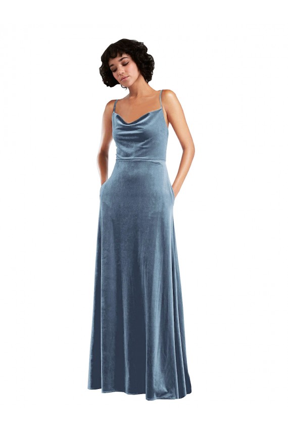 Achat Bleu poussiéreux Fourreau Velours Stretch Longue Robes demoiselle d'honneur / Robes de bal
