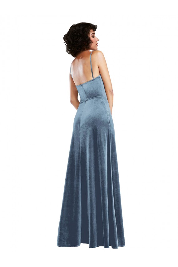 Achat Bleu poussiéreux Fourreau Velours Stretch Longue Robes demoiselle d'honneur / Robes de bal