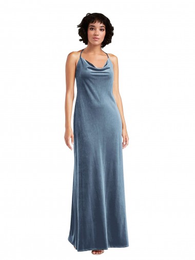 Achat Bleu poussiéreux Fourreau Velours Stretch Longue Robes demoiselle d'honneur / Robes de bal