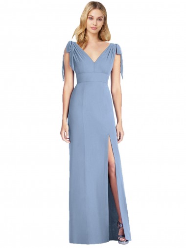 Achat Bleu poussiéreux Sirène Col V Mousseline Longue Robes demoiselle d'honneur