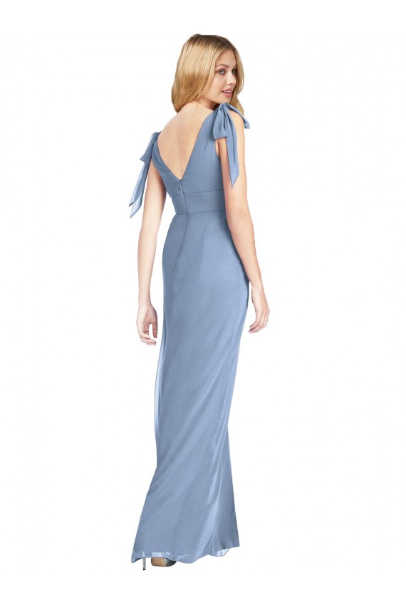 Achat Bleu poussiéreux Sirène Col V Mousseline Longue Robes demoiselle d'honneur