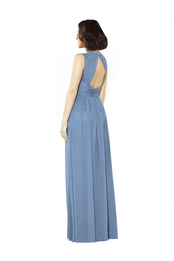 Achat Bleu poussiéreux Trapèze Bateau Mousseline Longue Robes demoiselle d'honneur