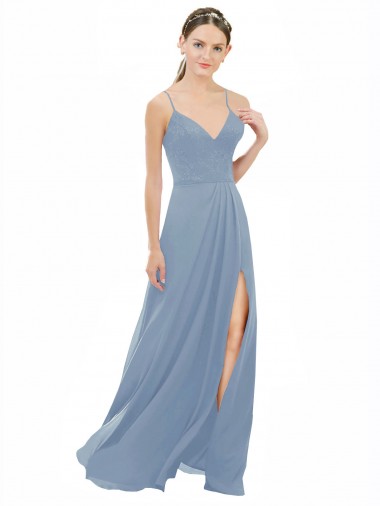 Achat Bleu poussiéreux Trapèze Bretelles spaghetti Col V Mousseline Dentelle Longue Robes demoiselle d'honneur