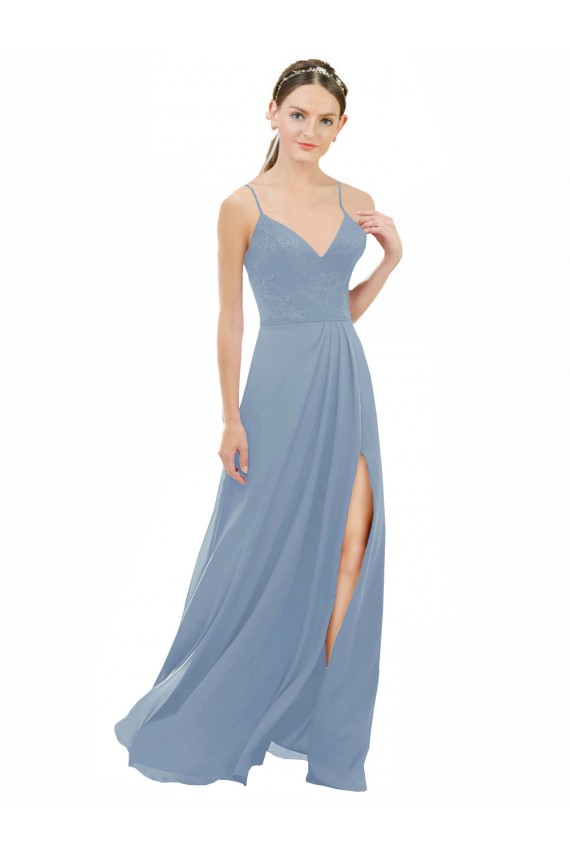 Achat Bleu poussiéreux Trapèze Bretelles spaghetti Col V Mousseline Dentelle Longue Robes demoiselle d'honneur