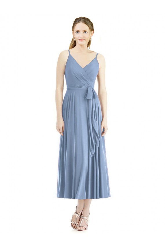 Achat Bleu poussiéreux Trapèze Bretelles spaghetti Mousseline Courte Robes demoiselle d'honneur