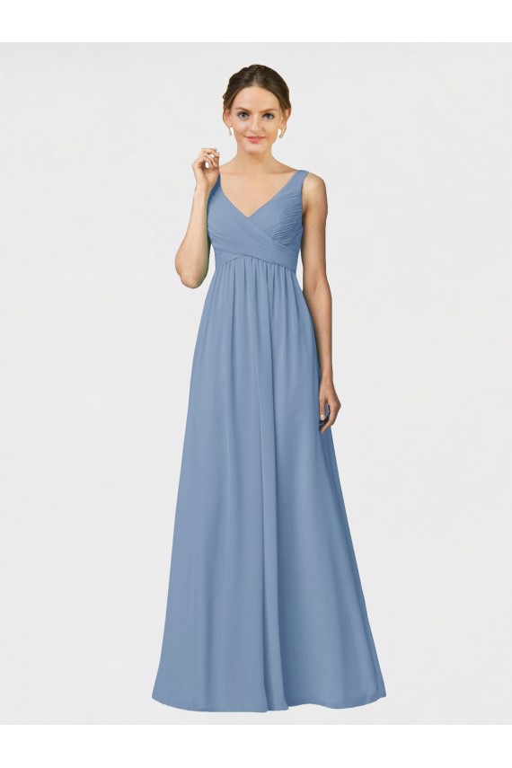 Achat Bleu poussiéreux Trapèze Bretelles spaghetti Mousseline Longue Robes demoiselle d'honneur
