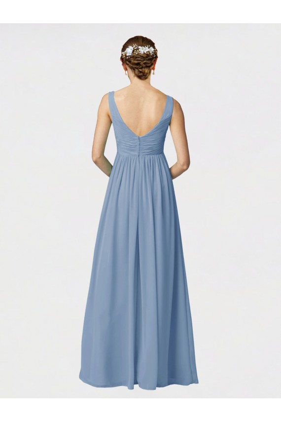 Achat Bleu poussiéreux Trapèze Bretelles spaghetti Mousseline Longue Robes demoiselle d'honneur