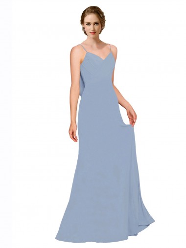 Achat Bleu poussiéreux Trapèze Bretelles spaghetti Mousseline Longue Robes demoiselle d'honneur