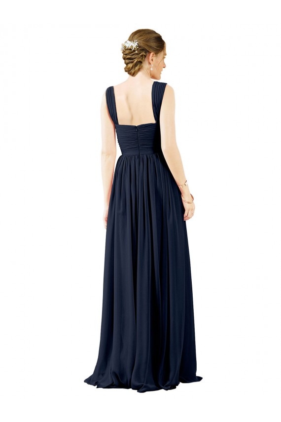 Achat Bleu poussiéreux Trapèze Col Carré Mousseline Longue Robes demoiselle d'honneur