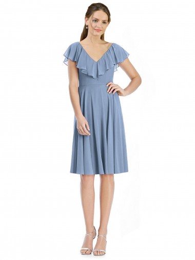 Achat Bleu poussiéreux Trapèze Col V Mousseline Courte Robes demoiselle d'honneur