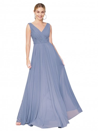 Achat Bleu poussiéreux Trapèze Col V Mousseline Longue Formelles Robes demoiselle d'honneur / Robes de soirée / Robes de bal