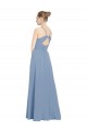 Achat Bleu poussiéreux Trapèze Col V Mousseline Longue Robes demoiselle d'honneur