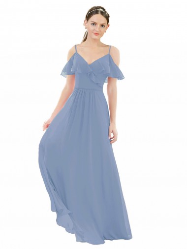 Achat Bleu poussiéreux Trapèze Col V Mousseline Longue Robes demoiselle d'honneur