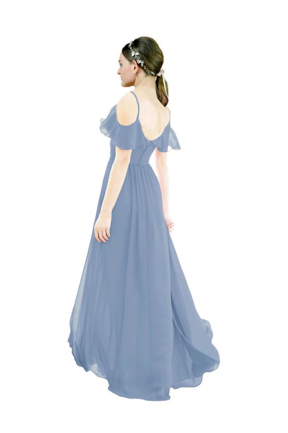 Achat Bleu poussiéreux Trapèze Col V Mousseline Longue Robes demoiselle d'honneur