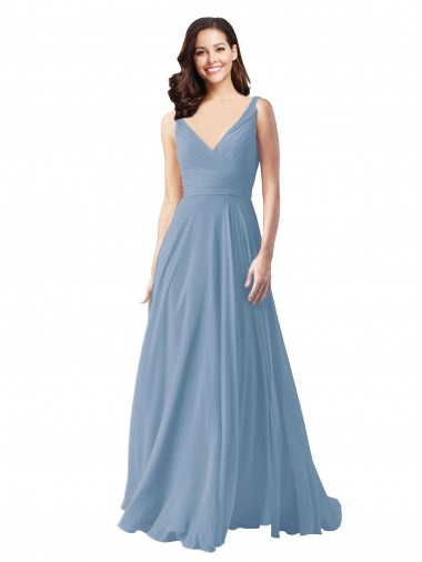 Achat Bleu poussiéreux Trapèze Col V Mousseline Longue Robes demoiselle d'honneur