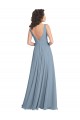 Achat Bleu poussiéreux Trapèze Col V Mousseline Longue Robes demoiselle d'honneur