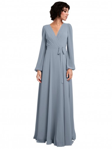 Achat Bleu poussiéreux Trapèze Col V Mousseline Longue Robes demoiselle d'honneur