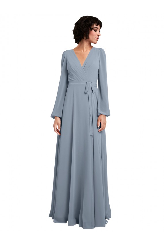 Achat Bleu poussiéreux Trapèze Col V Mousseline Longue Robes demoiselle d'honneur