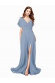 Achat Bleu poussiéreux Trapèze Col V Mousseline Longue Robes demoiselle d'honneur / Robes de bal
