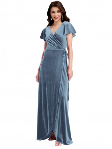 Achat Bleu poussiéreux Trapèze Col V Velours Stretch Longue Robes demoiselle d'honneur / Robes de bal