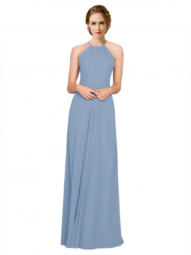 Achat Bleu poussiéreux Trapèze Licou Col Haut Mousseline Longue Robes demoiselle d'honneur