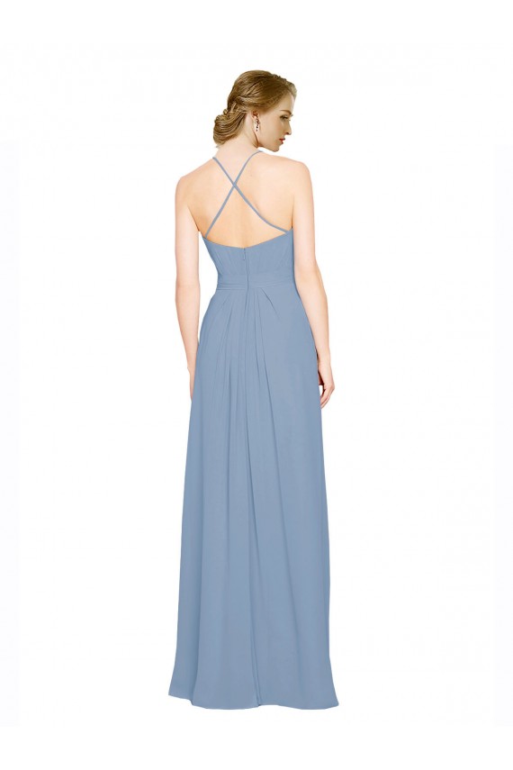 Achat Bleu poussiéreux Trapèze Licou Col Haut Mousseline Longue Robes demoiselle d'honneur