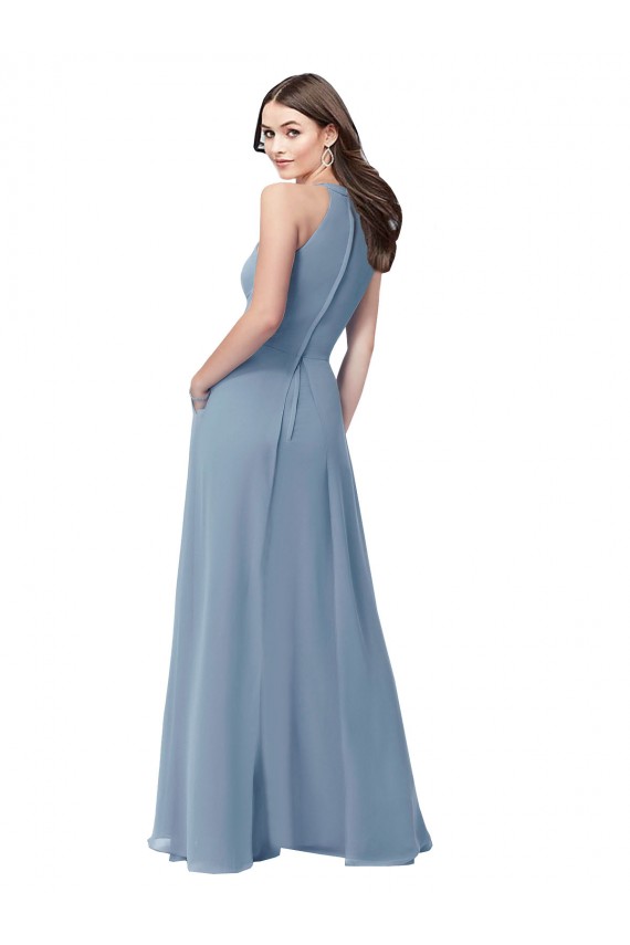Achat Bleu poussiéreux Trapèze Licou Col Haut Mousseline Longue Robes demoiselle d'honneur