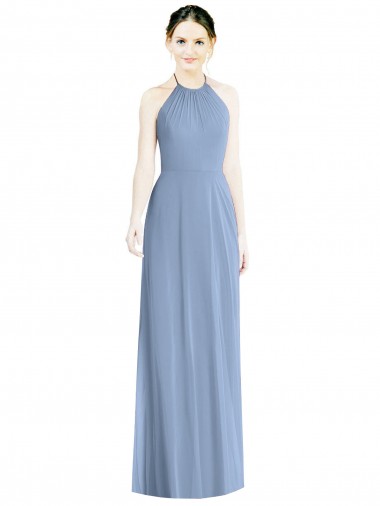 Achat Bleu poussiéreux Trapèze Licou Mousseline Longue Robes demoiselle d'honneur