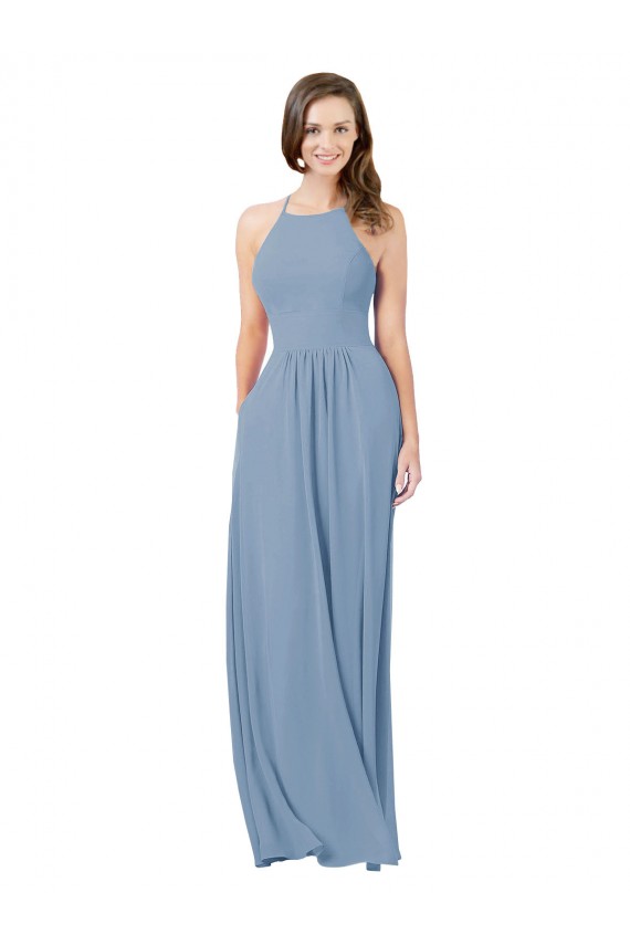 Achat Bleu poussiéreux Trapèze Licou Mousseline Longue Robes demoiselle d'honneur