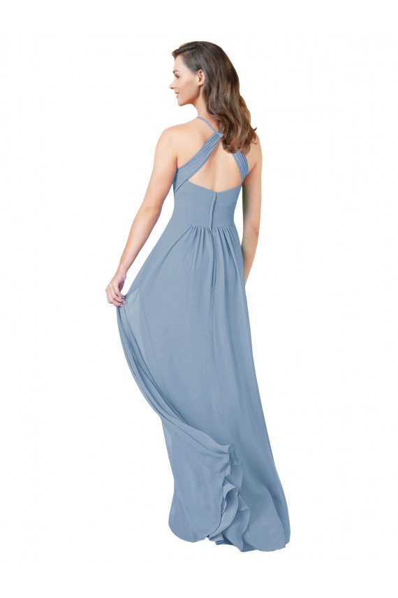 Achat Bleu poussiéreux Trapèze Licou Mousseline Longue Robes demoiselle d'honneur