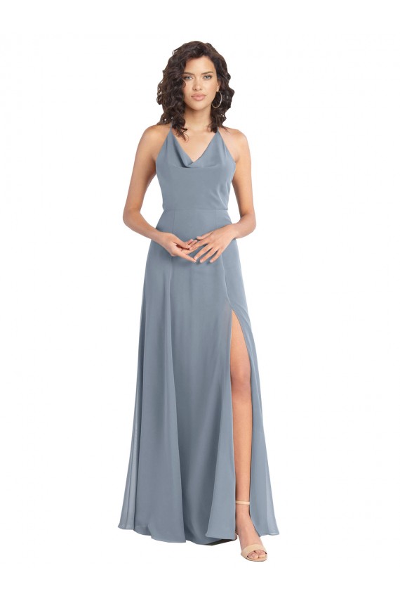 Achat Bleu poussiéreux Trapèze Licou Mousseline Longue Robes demoiselle d'honneur