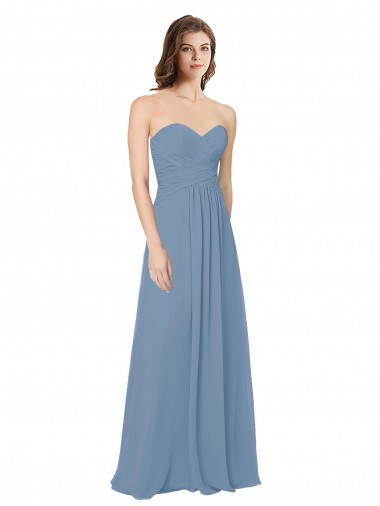Achat Bleu poussiéreux Trapèze Mousseline Longue Robes demoiselle d'honneur