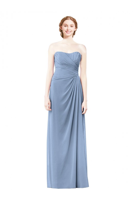 Achat Bleu poussiéreux Trapèze Sans bretelle Mousseline Longue Robes demoiselle d'honneur