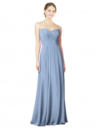 Achat Bleu poussiéreux Trapèze Sans bretelle Mousseline Longue Robes demoiselle d'honneur