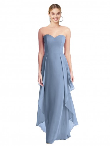 Achat Bleu poussiéreux Trapèze Sans bretelle Mousseline Longue Robes demoiselle d'honneur