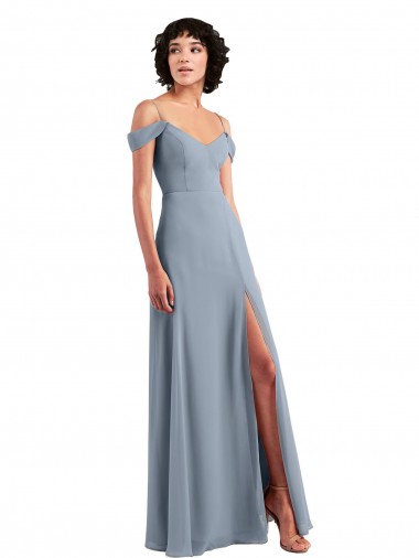 Achat Bleu poussiéreux Trapèze Épaule Dénudée Bretelles spaghetti Mousseline Longue Robes demoiselle d'honneur