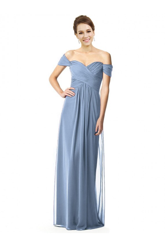 Achat Bleu poussiéreux Trapèze Épaule Dénudée Mousseline Longue Robes demoiselle d'honneur