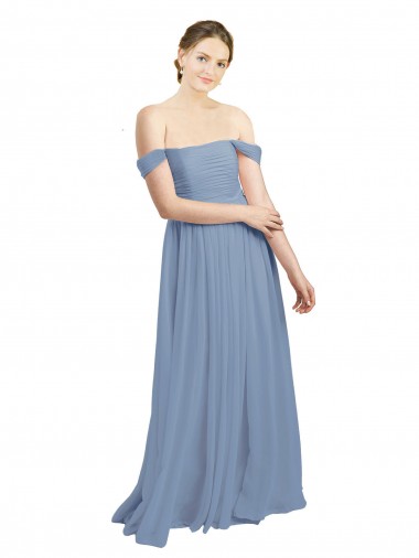 Achat Bleu poussiéreux Trapèze Épaule Dénudée Mousseline Longue Robes demoiselle d'honneur