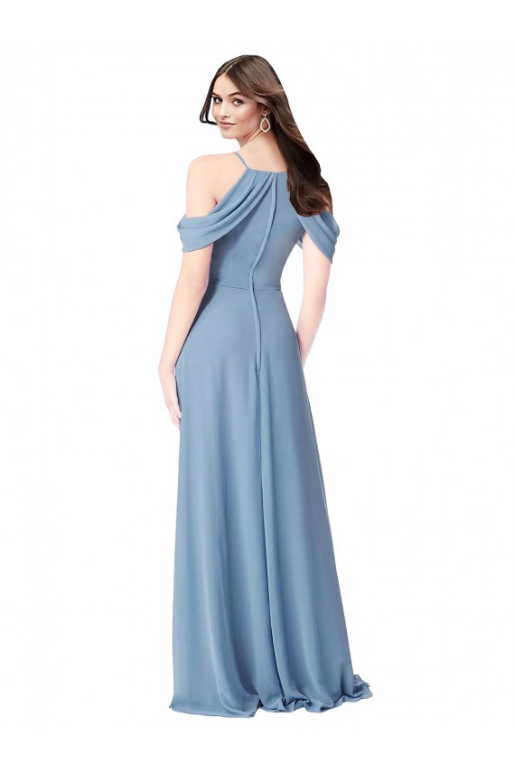 Achat Bleu poussiéreux Trapèze Épaule Dénudée Mousseline Longue Robes demoiselle d'honneur