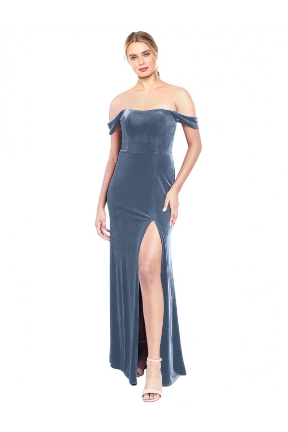 Achat Bleu poussiéreux Trapèze Épaule Dénudée Sans bretelle Velours Stretch Longue Robes demoiselle d'honneur / Robes de bal