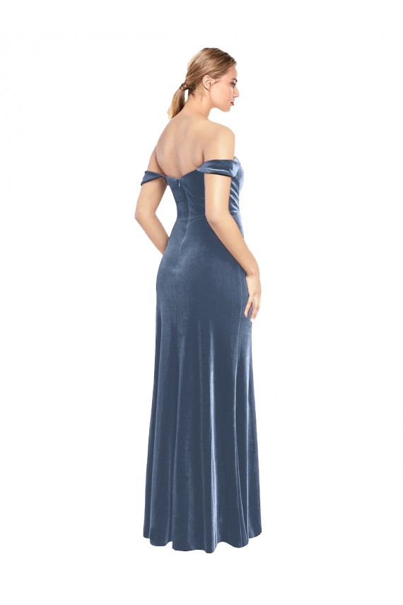 Achat Bleu poussiéreux Trapèze Épaule Dénudée Sans bretelle Velours Stretch Longue Robes demoiselle d'honneur / Robes de bal