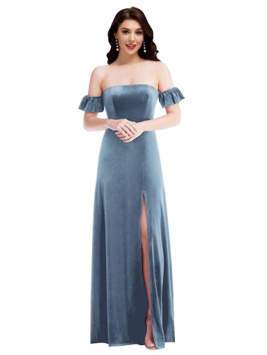 Achat Bleu poussiéreux Trapèze Épaule Dénudée Velours Stretch Longue Robes demoiselle d'honneur / Robes de bal