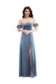 Achat Bleu poussiéreux Trapèze Épaule Dénudée Velours Stretch Longue Robes demoiselle d'honneur / Robes de bal