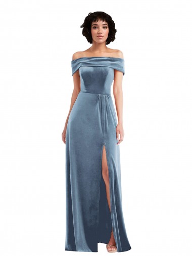 Achat Bleu poussiéreux Trapèze Épaule Dénudée Velours Stretch Longue Robes demoiselle d'honneur / Robes de bal